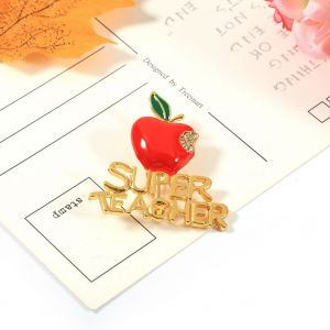 Broche Super Teacher En Email Avec Perles De Cristal Et Pomme Rouge Et Verte Pour Noel Et L'hiver - Neuf