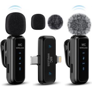 Microphone De Lavalier Sans Fil 2 En 1 Pour Iphone, Ipad, Android, Caméra, Microphone 2 Pack Réduction De Bruit Enregistrement Cristallin Pour Enregistrement Vidéo, Vlog, Youtube, Tiktok, Interview - Neuf