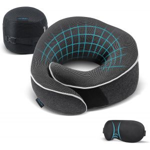 Coussin De Nuque,Coussin De Voyage,100% Mousse À Mémoire De Forme,Coussin Orthopédique,Pour Voyage En Avion,Voiture,Train,Avec Masque De Sommeil 3d,Sac En Maille,Gris Foncé - Neuf