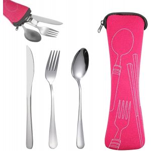 Ytfhg-Voyage Ensemble Couverts Set, Couverts Portatifs En Acier Inoxydable, Couverts De Camping Avec Étui En Néoprène Pour Camping,Pique-Nique, Festivals Et Les Voyages-Rose - Neuf