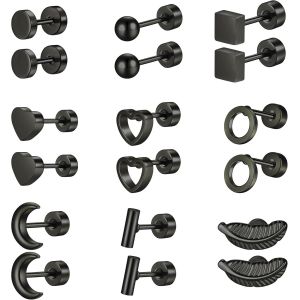 Kalhx-9 Paires Boucle D'oreille Femme Homme,Boucles D'oreilles Plaqué Or 14k Argent Noir,Hypoallergénique Boucle D'oreille Acier Inoxydable - Neuf