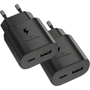 JGD-25W Chargeur USB C Secteur Charge Rapide pour Samsung Galaxy S25/S24/S23/S22/S21 Ultra/S20/S20+/Note 20/10/9/8/A73/A53/A52/S10, iPhone 16 15 14 13 12 11 Pro Max SE XS Mural Alimentation Prise 2Pa - Neuf