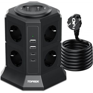 Multiprise avec 2 Interrupteur, 8 Prises Multiprise Electrique avec 2-USB A & 2-USB C, 4000W/16A, Parafoudre et 2M C&acirc;ble la Maison et au Bureau (Noir) - Neuf