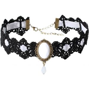 Kal-Collier Dentelle Noire Collier Pendentif En Cristal Velours Vintage Bijoux Gothique Fleur Creuse Choker Accessoires D`Halloween Pour Femmes Et Filles (B) - Neuf