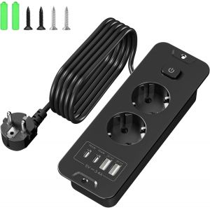 Multiprise Avec Usb, Multiprise Avec Interrupteur, Prise Escamotable, 2 Compartiments, Prise De Table Encastrable, Avec C&acirc;ble De 2 M, Pour Table De Conf&eacute;rence, Plan De Travail, Tab[DYB983991] - Neuf