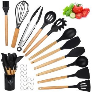 Eryi-22 Pcs Silicone Bois Ustensiles De Cuisine En Ustensiles Cuisine Antiadhésive Set, Résistante À Chaleur, Avec Manche En Bois - 10 Crochets En S (Noir) - Neuf