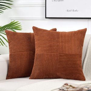 Housse de coussin d&eacute;corative en velours c&ocirc;tel&eacute; 60x60 cm, 2 pi&egrave;ces pour salon canap&eacute; lit, style rustique farmhouse boho, texture patchwork douce et durable - Marron rouge, - Neuf