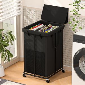 MEVRONISSHOP-Grand panier &agrave; linge de 150 litres avec couvercle, en tissu Oxford, cadre en m&eacute;tal et sac amovible avec roulettes, pour chambre &agrave; coucher, salle de bain, dortoir, buanderie (couvercle no - Neuf
