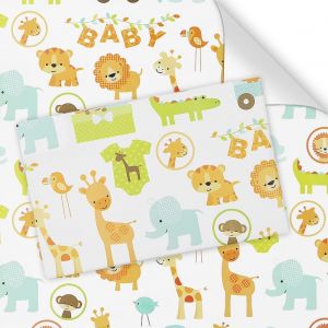 4 Feuilles Papier Cadeau Pour Bébé, Enfants, Animaux De La Forêt, Lion, Girafe, Éléphant, Singe Papier D'emballage Cadeau Pour Fête Prénatale, Anniversaire, Nouveau-Né, 50 X 76 Cm Par Feuille - Neuf