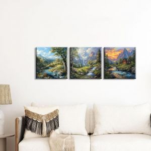Eryi-Impression Sur Toile Paysage, Décoration Tableaux Ruisseau De Montagne, Tableau Sur Toile Du Village, Peinture Pour Entrée Hall D'entrée Café Flats Décoration Murale, Lot De 3 30x30 Cm - Neuf