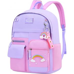 Sac à dos de maternelle (40 x 29 x 16 cm), cartable d'école primaire pour filles, sac d'école en nylon léger et imperméable pour enfants de 6 à 10 ans - Neuf