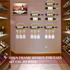 Casier À Vin Mural En Métal,Support De Rack De Verres À Pied Porte-Bouteilles De Vin,Stockage De Vin Mural En Fer Forgé Pour Cave À Vin Decoration Murale Au Salon (Gold Bb) - Neuf