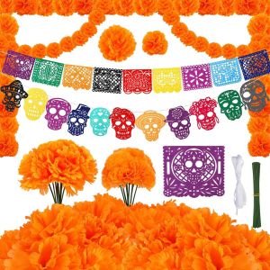 CAUC-Marigold Fleurs Artificielles Deco, Guirlandes de Fleurs de Calendula Marigold Artificielle Papel Picado Dia De Muertos pour Jour des Morts, Dia De Muertos Decoration, Decoration Halloween - Neuf