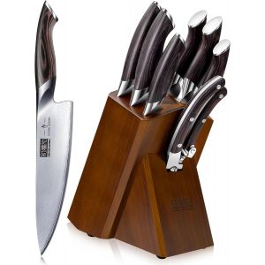 Mevronisshop-Set Couteau Cuisine 8 Pi&egrave;ces, Couteaux De Cuisinejaponais En Super Acier Avec Bloc, Ensemble De Couteau De Cuisine Professionnels Ultra Tranchants Avec Ciseaux - Neuf