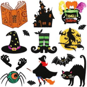 15pcs Sur Le Thème D'halloween Brodé Tissu Autocollants, Sorcière Patchs Brodés Ordinateur Étiquettes, Chauve-Souris, L'horreur, Le Chat - Neuf