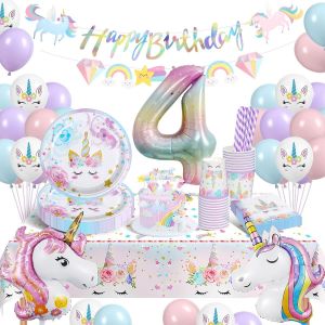 Cauc-Ensemble De Vaisselle Au Motif De Licorne Pour F&ecirc;te D'anniversaire De 4 Ans - Ballons, Assiettes En Carton, Serviettes, Nappe - D&eacute;coration Pour Enfant - Neuf