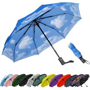 Parapluie De Voyage Compact Coupe-Vent - Parapluie Automatique Pour La Pluie - Petit Parapluie Portable Coupe-Vent Pour Homme, Femme, Adolescent (Pois Blancs) - Neuf