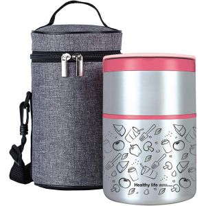 Thermos Alimentaire 950 Ml, Isotherme, Empilable, En Acier Inoxydable, Bo&icirc;te &Agrave; D&eacute;jeuner/Collation, R&eacute;cipient &Agrave; 2 Niveaux Avec Sac &Agrave; D&eacute;jeuner (Rose) - Neuf