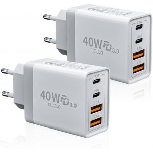 Chargeur pour iPhone,(2 Pack) 40W 4-Port Chargeur USB C,Prise USBC Multi Chargeur Rapide,Double Type C Adaptateur+QC USB Secteur pour iPhone 16 15 14 13 12 11 Pro Max X XS XR 8,iPad,Samsung - Neuf