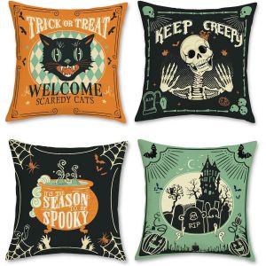 CAUC-Housse de Coussin Halloween 45 x 45 cm Cr&acirc;ne Ch&acirc;teau Chat Noir Vert Orange Lin D&eacute;coratif Taie d'oreiller pour Canap&eacute; Salon Chambre Jardin Maison D&eacute;coration 4 Pi&egrave;ces - Neuf