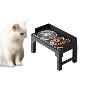 Support R&eacute;glable Pour Gamelles De Chien Avec 2 Gamelles En Acier Inoxydable - 5 Hauteurs - Noir - Neuf