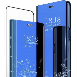 Sansh-Mlotech Coque Pour Samsung Galaxy A52 4g/5g,Étui+ Verre Trempé Film Protecteur Flip Clear View Translucide Miroir Cover Standing 360°Housse Antichoc Smart Cover Bumper Bleu Ciel - Neuf
