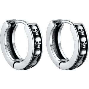 Max Créles Homme Tête De Mort En Acier Inoxydable/Noir, Boucles D'oreilles Petit Anneau Avec Crânes, Skull Head Huggie Hoops - Neuf