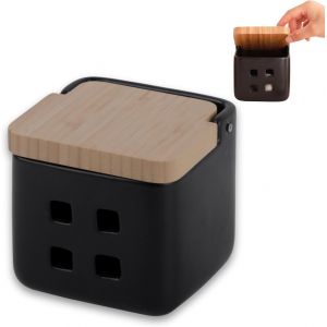 Tianyi-Pot De Conservation D'ail En C&eacute;ramique Avec Couvercle En Bois De Bambou - Id&eacute;al Pour Le Rangement Et La Conservation De L'ail, Oignon Et &Eacute;chalote - 11,5x11,5x11,5 Cm - Noir Mat - Neuf