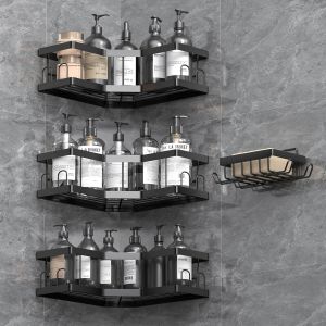 Rangement Salle de Bain, 4 Pcs Noir (SML+1) Etagere Salle de Bain Accessoire sans Percage, Acier au Carbone Etagere Douche avec Adh&eacute;sif, Rangement Douche - Neuf