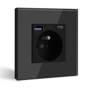 YTFHG-Prise Murale avec USB C PD20W Noir,Prise de courant à Encastrer,16A Prise de Courant Alternatif avec Panneau en Verre,Chargeur Rapide Multiprises avec 1 USB-C 20W, Idéal pour Maison,Bureau - Neuf