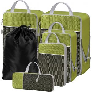 Lot De 6 Cubes D'Emballage De Compression Pour Val , Sac Essentiel Avec Maille Extensible, Organ Urs De Voyage, Fermeture &Eacute;clair, Organ Ur Multifonction, Vert - Neuf