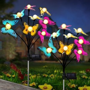 Lot De 2 Lampes Solaires Papillon &Agrave; Piquer - Led Blanc Chaud, R&eacute;sistantes &Agrave; L'eau, Aliment&eacute;es Par L'&eacute;nergie Solaire Pour Une Utilisation Ext&eacute;rieure - Neuf