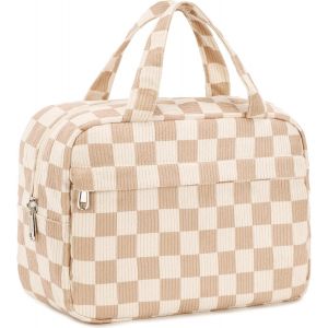 Trousse de maquillage, trousse de maquillage de voyage, trousse à bijoux, sac cosmétique, sac cosmétique, organisateur pour femmes et filles, Grille marron et blanche - Neuf