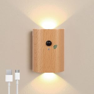 Applique murale Interieur avec D&eacute;tecteur de Mouvement,LED Lampe Murale sans fil Rechargeable USB Applique Murale Bois,Sans per&ccedil;age,Pour Chambre Chevet Couloir Salon - Neuf