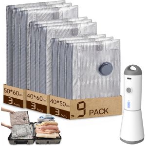 MEVRONISSHOP-Sac Sous Vide Vetement Aspirateur avec Pompe &agrave; Vide Sans fil &Eacute;lectrique, Lot de 9 (3*40x50cm, 3*40x60cm, 3*50x60cm), Sac de Rangement Sous Vide R&eacute;utilisables pour Pulls, Chemises, Voyage - Neuf