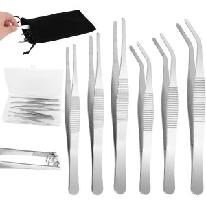 Lot De 6 Pinces &Agrave; &Eacute;piler En Acier Inoxydable - Longue - T&ecirc;te Plate - Courb&eacute;e - Avec Bo&icirc;te De Rangement - Pour Animaux Aquatiques, Coraux, Bricolage, R&eacute;paration Des Pousses De Plantes - Neuf