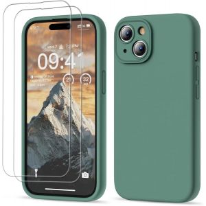 3 En 1 Coque Iphone 15 Silicone Liquide - Avec 2 Verre Trempé - Étui Protection Précise De Caméra [Résistant Aux Rayures] [Antidérapant] Iphone 15 Case 6.1"", Vert - Neuf