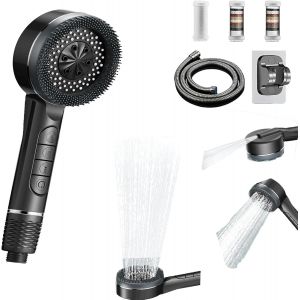 JGD-Pommeau de Douche Set avec Filtre Flexible 1,5M et Support 4 Modes Jet Haute Pression et Fonction Massage pour Baignoire Douche &Eacute;conomiseur d'Eau Contre le Chlore R&eacute;siduel et l'Eau Dure (Gris) - Neuf