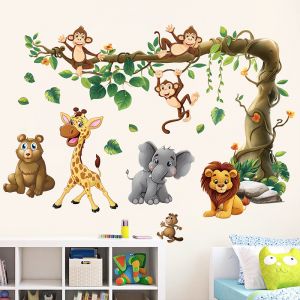 2 Pi&egrave;ces Stickers Muraux Animaux Jungle, D&eacute;coration Murale pour Chambre d'Enfant, Salon, Salle de Jeux, Blanc, 30 x 90 cm, Taille Recommand&eacute;e 92 x 84 cm - Neuf