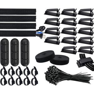 Kit de gestion de câbles noir, 4 gaines de câbles, 3 clips de rangement de câbles de bureau, 10 + 2 clips de rangement de câbles d'extension, 15 clips de câbles adhésifs, serre-câbles - Neuf