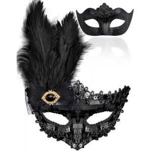 2 Pi&egrave;ces Couple Masque V&eacute;nitien Masque De Mascarade V&eacute;nitien Masque Mascarade Bal Masqu&eacute; Pour Femme Homme Les Yeux Pour Halloween Mascarade Carnaval,Noir.[J16] - Neuf