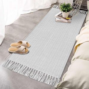 Sjzg-Tapis De Cuisine Boh&egrave;me - Tapis De Salle De Bain - Lavable - En Coton Tiss&eacute; - Motif G&eacute;om&eacute;trique - Gris Clair - 60 X 90 Cm - Neuf