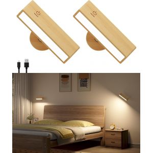 Ulteronixshop-Lot De 2 Applique Murale Int&eacute;rieure Bois,Lampe Murale Sans Fil Rechargeable Usb,R&eacute;glage De La Luminosit&eacute; Applique Murale Sans Fil Chambre,Lampe De Chevet Tactile - Neuf