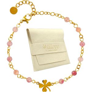 Bracelet En Pierre Naturelle Quartz Rose Lithothérapie Pour Femme Avec Trèfle Porte Bonheur En Acier Inoxydable. Conçu En France. Bracelet Chakra Bien Être. Idée Cadeau Femme,Fete Des Mères - Neuf