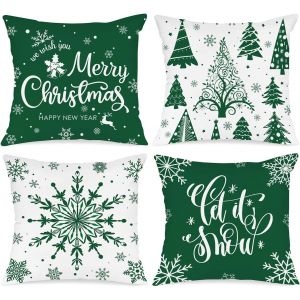 Cauc-Lot De 4 P&egrave;re Housse De Coussin Noel 45x45 Cm, Taie D'oreiller Joyeux Xmas Flocons De Neige D'hiver Parure De Oreiller De D&eacute;coration De Lit Noel Deco Pour Chambres Canap&eacute; No&euml;l Decoration(Vert) - Neuf