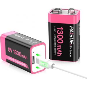 Piles 9V Rechargeables,1300mAh Haute capacit&eacute; Lithium-ION 9 Volt Piles carr&eacute;es avec Port de Charge USB-C Rapide (Pack de 2) - Neuf