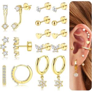 Kal-Boucles D'oreilles Femmes Acier Inoxydable Petites Boucles D'oreilles Argent Créoles Or Piercing Oreille Cartilage Clous D'oreilles Hypoallergéniques Lot Boucles D'oreilles Femme Or - Neuf
