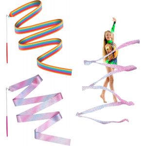Asfasfq-Rubans De Danse, 4m Ruban De Gymnastique Rubans Danse Scintillant Ruban D'art Avec Bâton Rotatif, Ruban De Danse Rythmique Bâton Virevoltant Pour La L'entraînement De Danse Artistique - Neuf