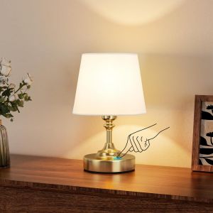 TZF-Petite Lampe de Chevet Tactile, LED Lampe de Table Sans Fil Batterie Rechargeable, Variateur Continu, Abat-jour en Lin Blanc, pour Chambre à Coucher Salon Cuisine Décoration(Laiton) - Neuf