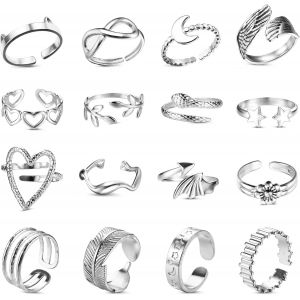 16 Pi&egrave;ces Bague Argent Femme Acier Inoxydable Ouvert R&eacute;glable Vague Bague C&acirc;lin Main Doigt Anneaux Pouce Empilables Noeud Plume Knuckle Bague Orteil Lot Bague Pour Femmes Filles - Neuf